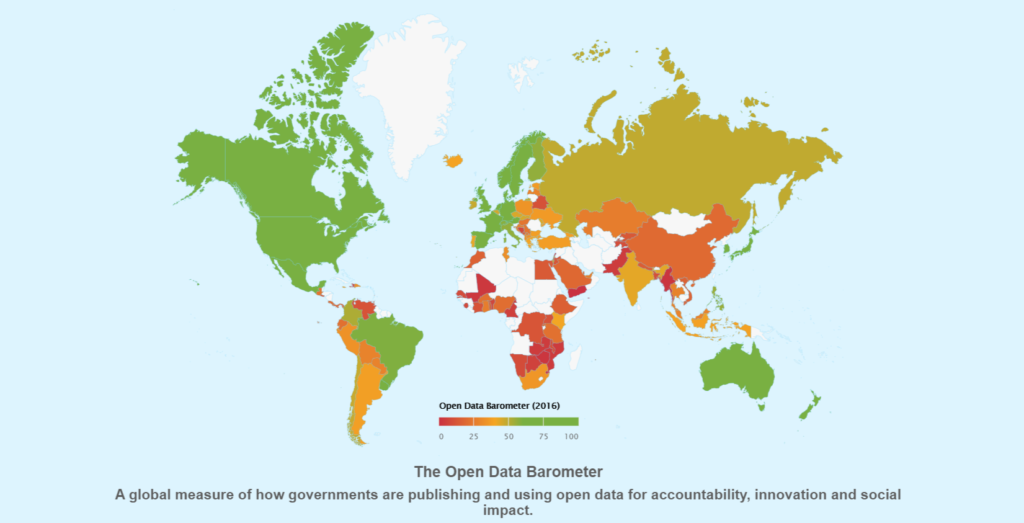 Map from Open Data Barometer, showing the comparative degree to which governments around the world are publishing and using open data for accountability, innovation, and social impact. 